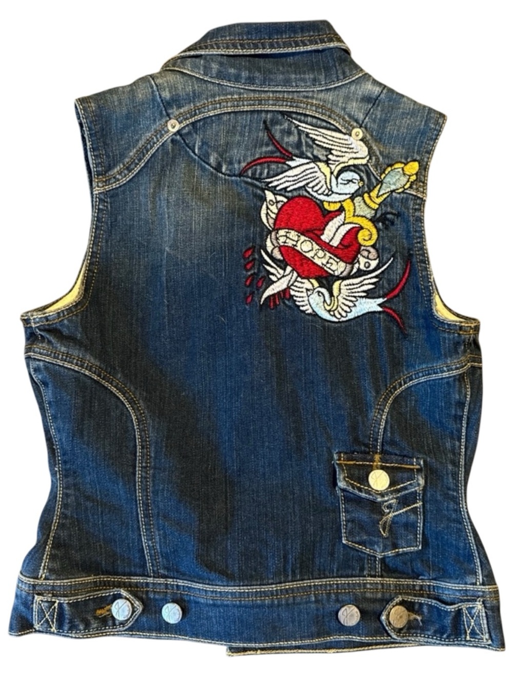 VTG Y2K Tattoo Style Embroidered Dark Wash Denim Vest | XS |‎ J Signature